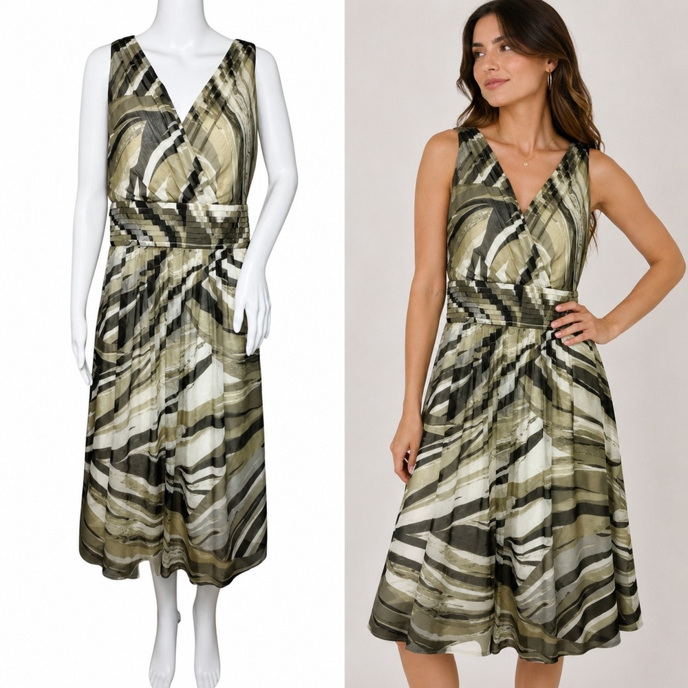 Banana Republic Dress Womens 10 Brown Tan Abstract Stripe Midi Business Casual